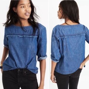 Madewell Denim Herald Tee Size Small Fray Hem Boxy Blue Chambray Top 3/4 Sleeve
